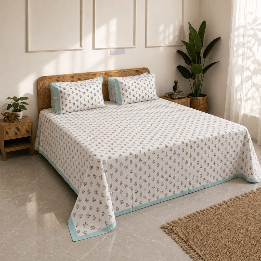 Mint Blossom Bedsheet With 2 Pillow Cover