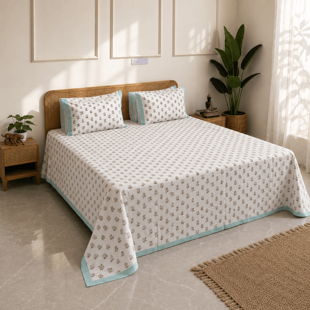Mint Blossom Bedsheet With 2 Pillow Cover