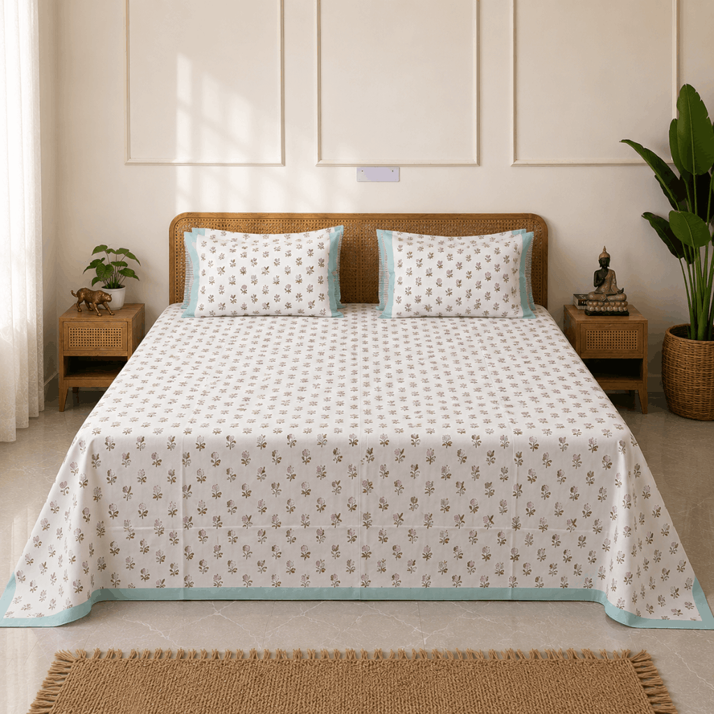 Mint Blossom Bedsheet With 2 Pillow Cover