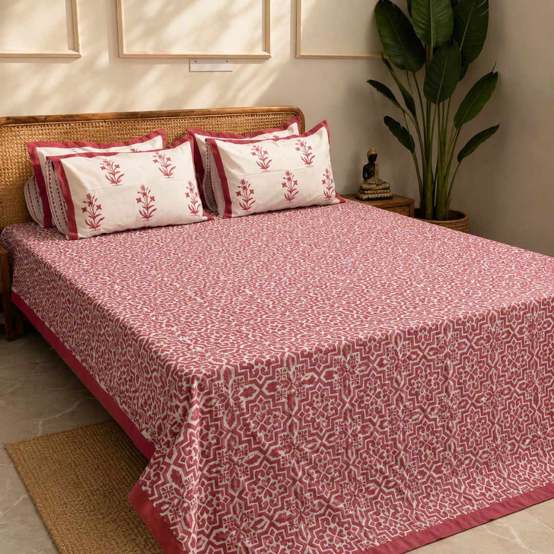 Coral Morrocon Bedsheet With 2 Pillow Cover