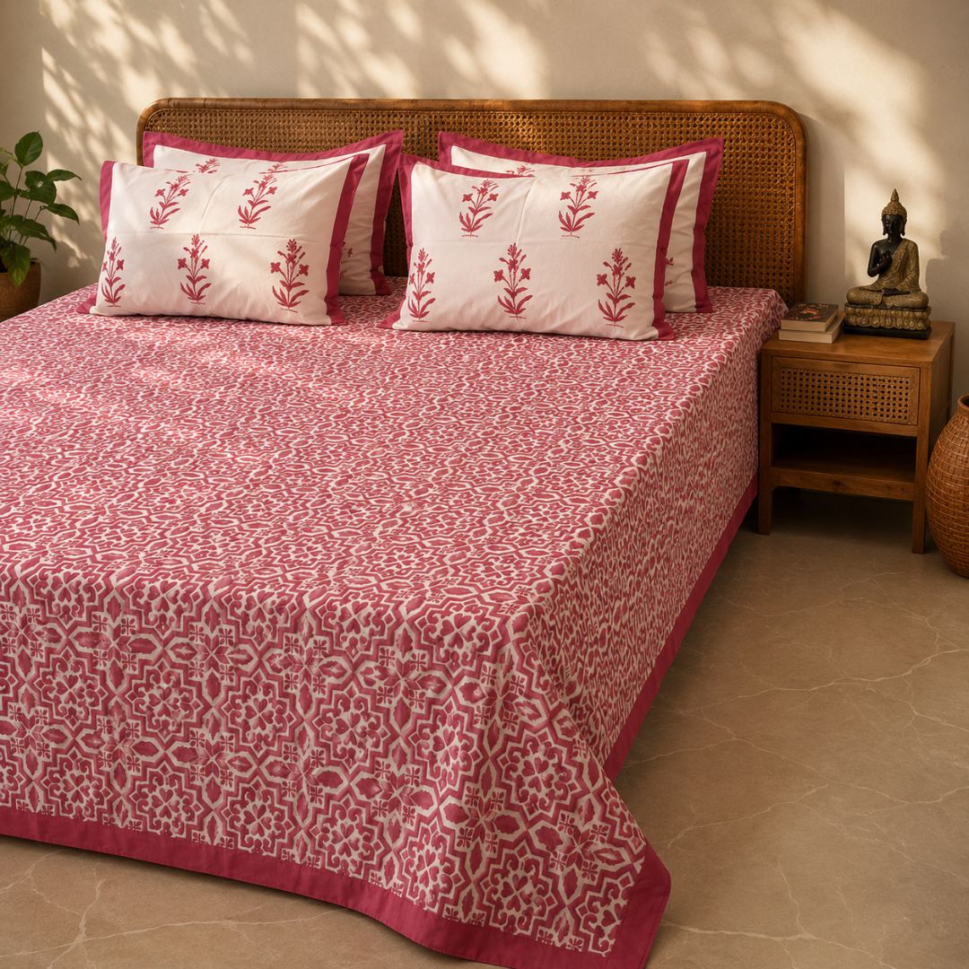 Coral Morrocon Bedsheet With 2 Pillow Cover