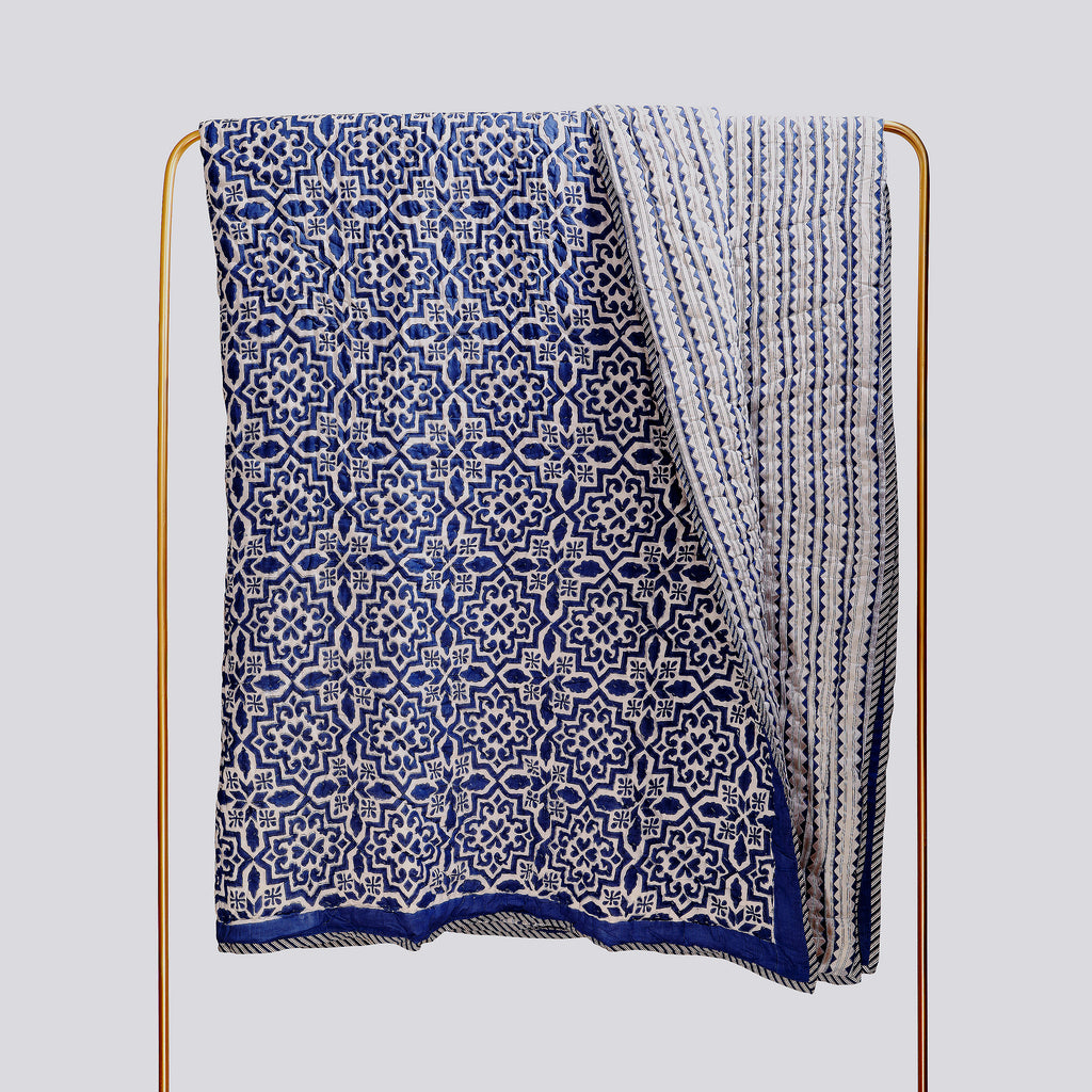 Moroccan Blues Handblock King Size Quilt