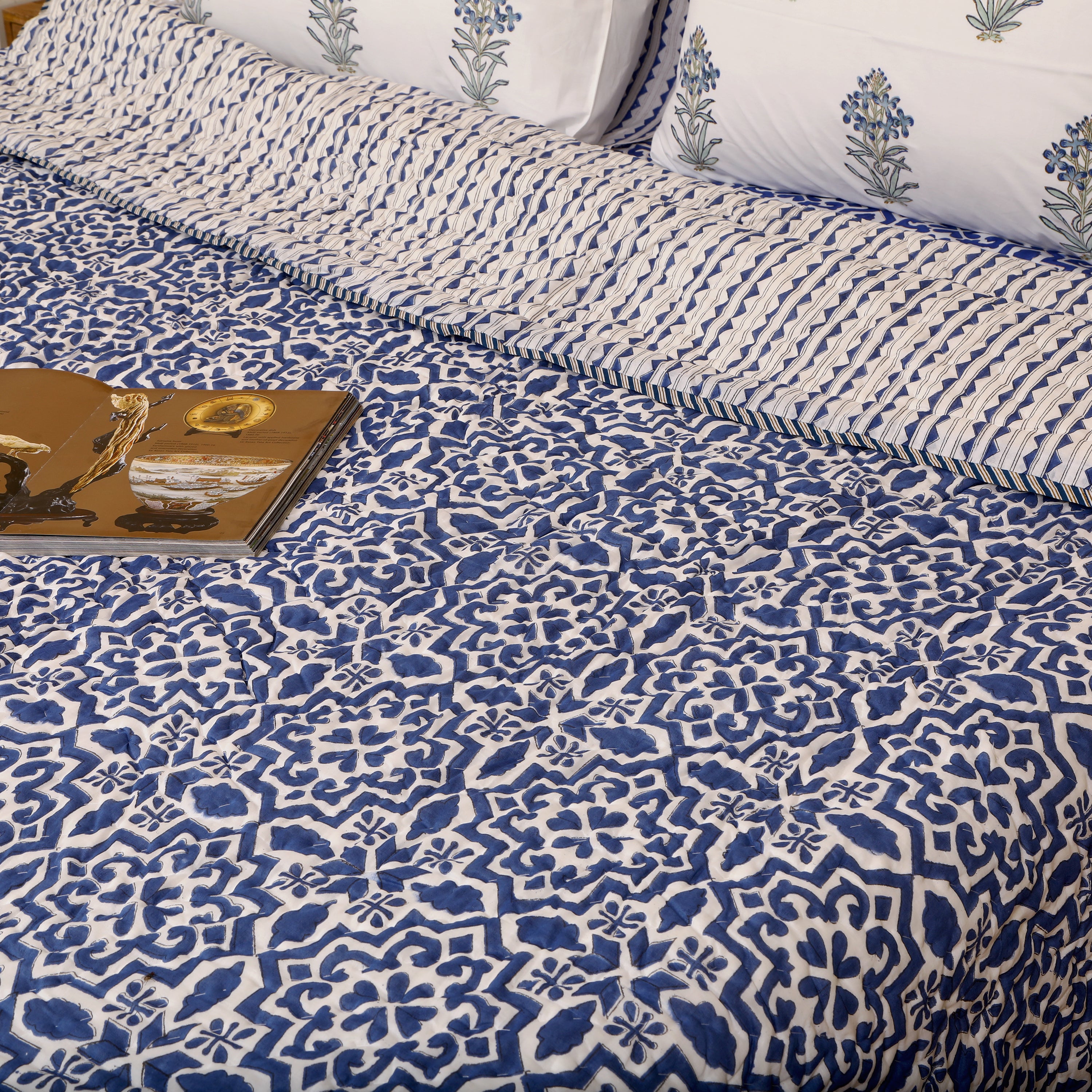 Moroccan Blues Handblock King Size Quilt