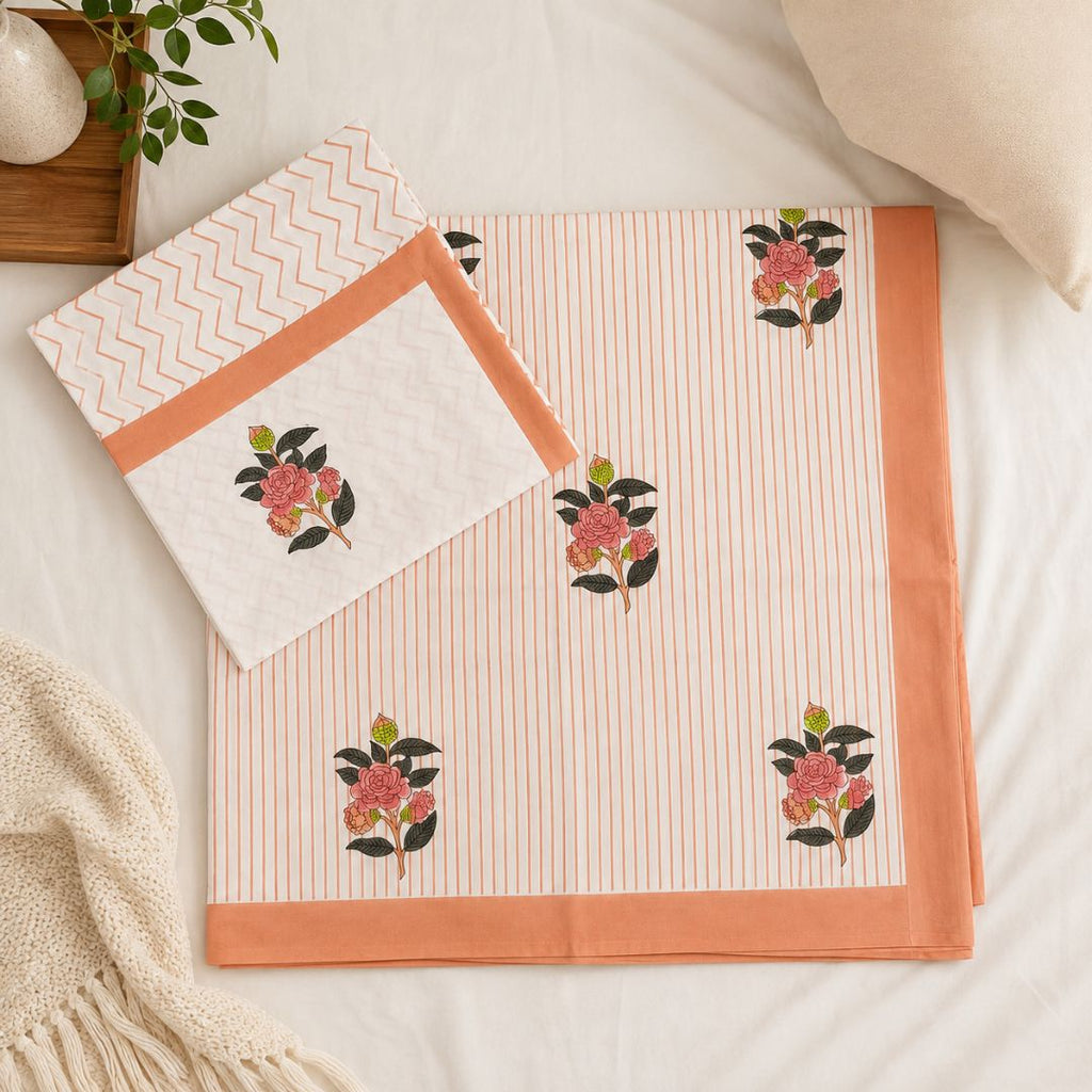 Peach petal hand block bedsheet