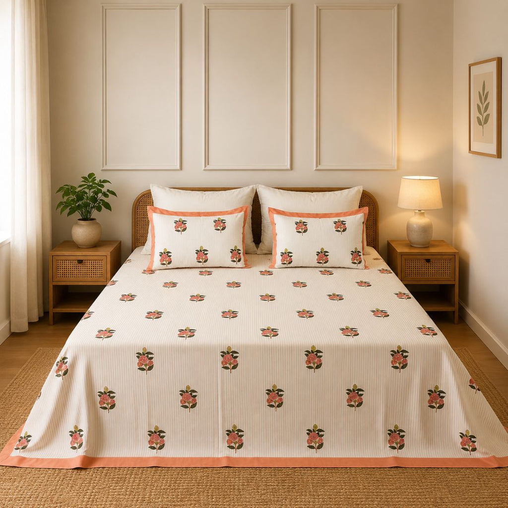Peach petal hand block bedsheet