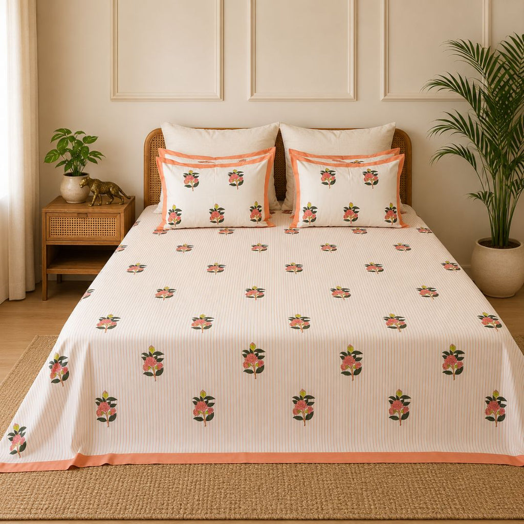 Peach petal hand block bedsheet