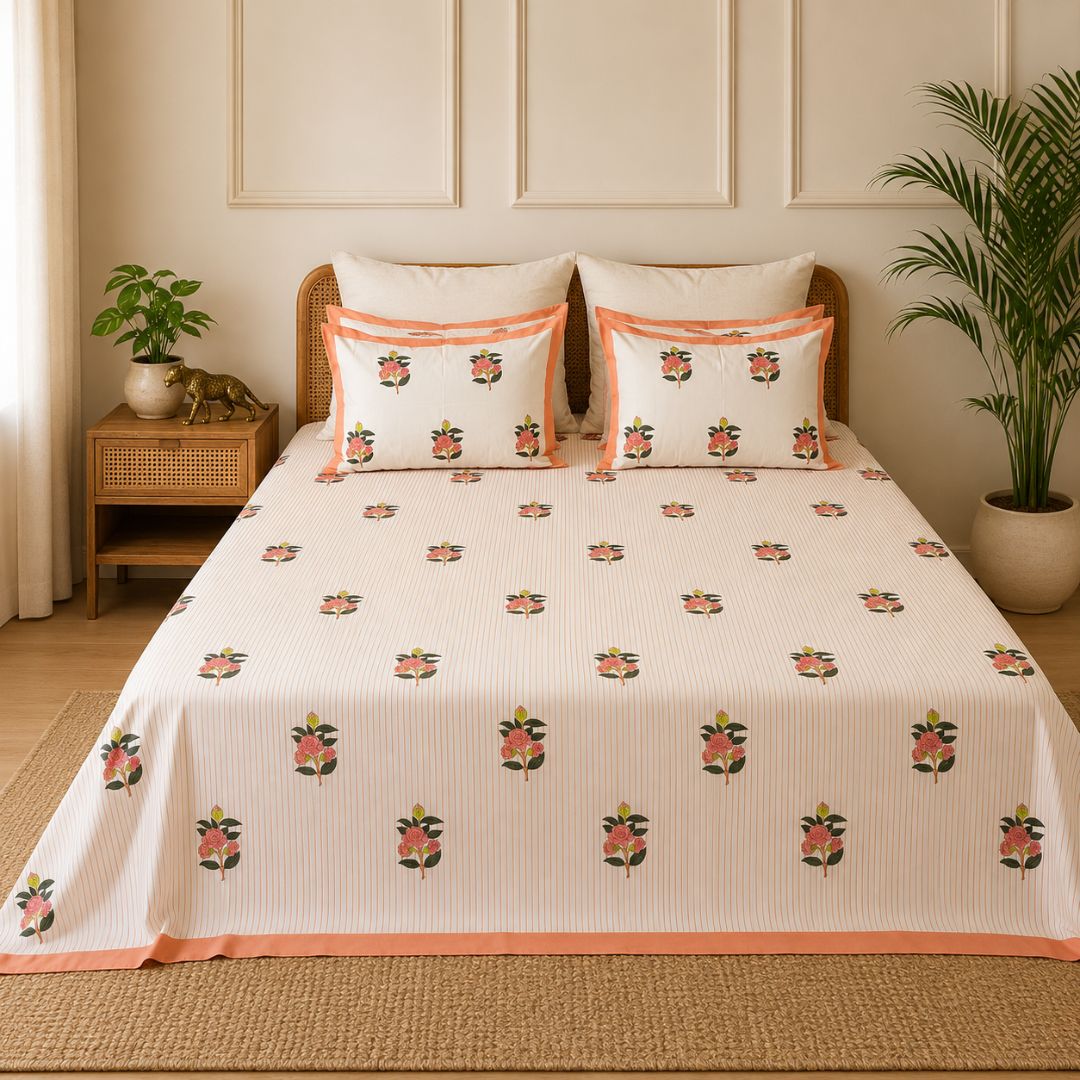 Peach petal hand block bedsheet