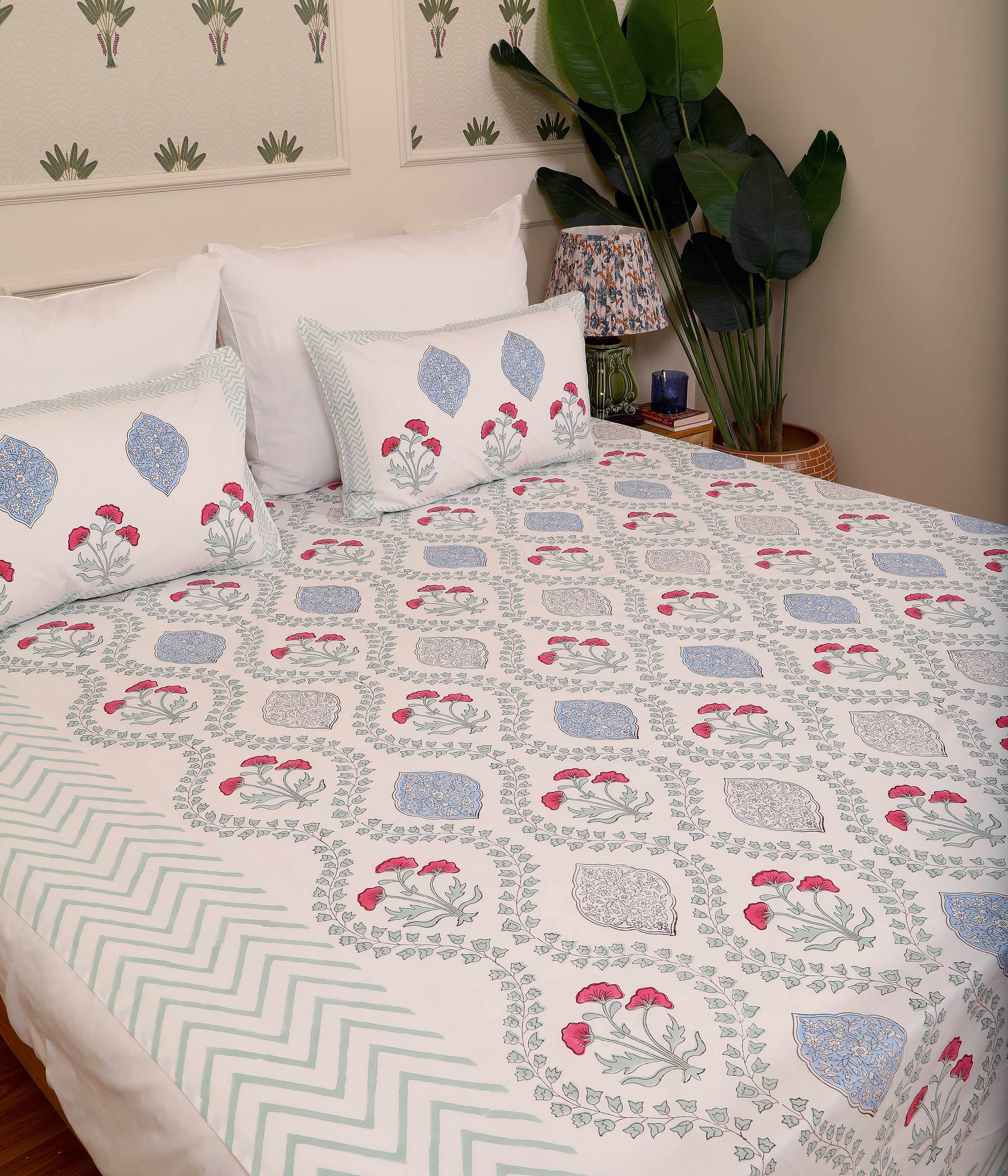 Plush Mogra king size Bedsheet with 2 pillow cover