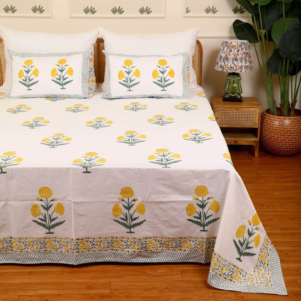 Basanti Phool king size Bedsheet with 2 pillow cover