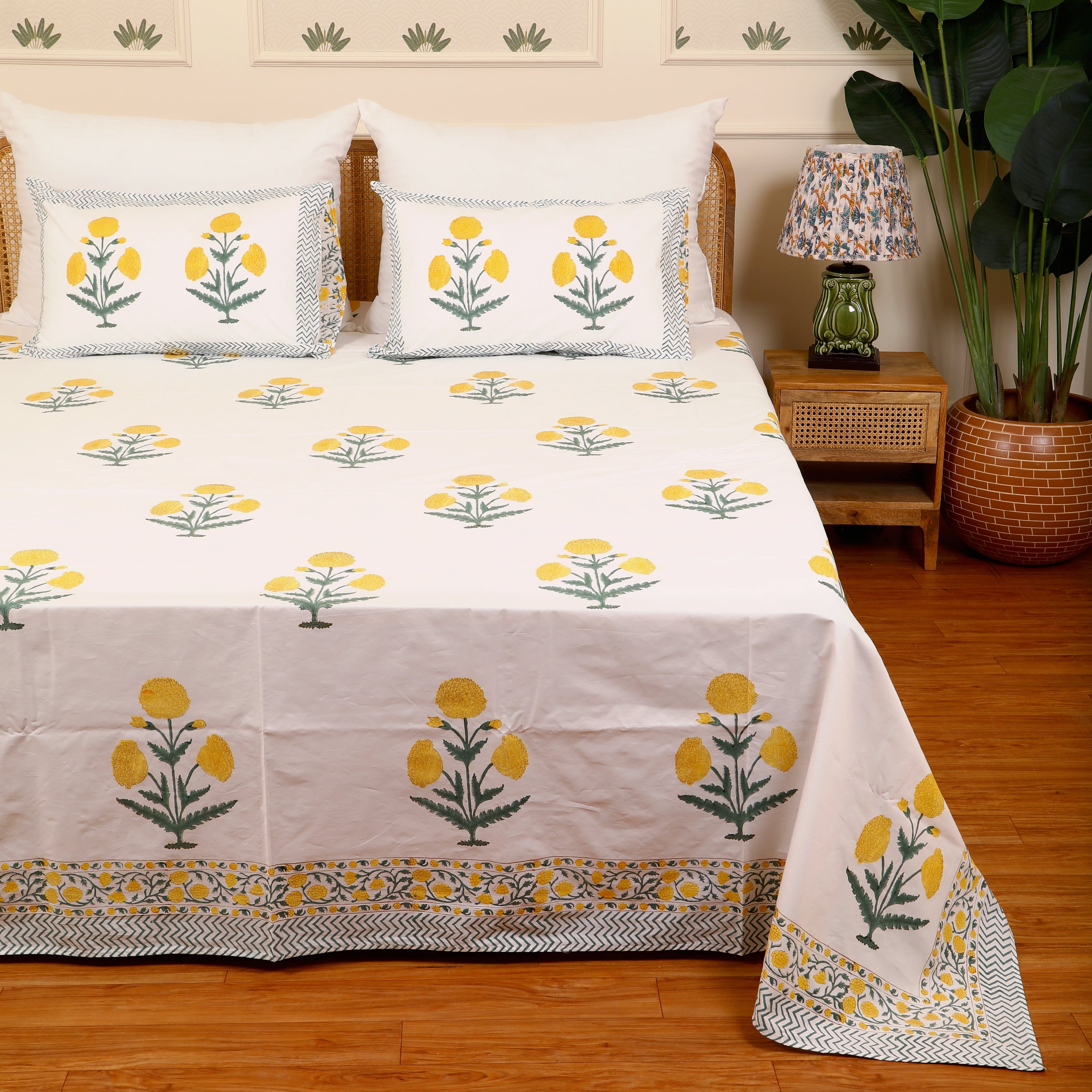 Basanti Phool king size Bedsheet with 2 pillow cover
