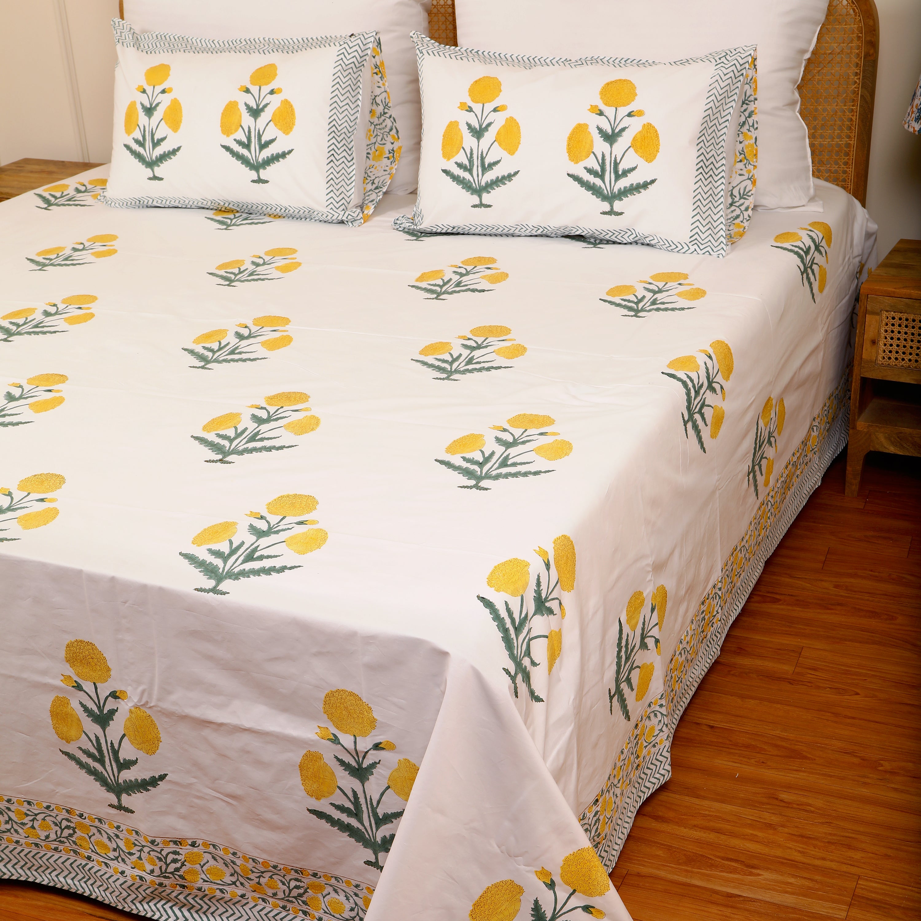 Basanti Phool king size Bedsheet with 2 pillow cover
