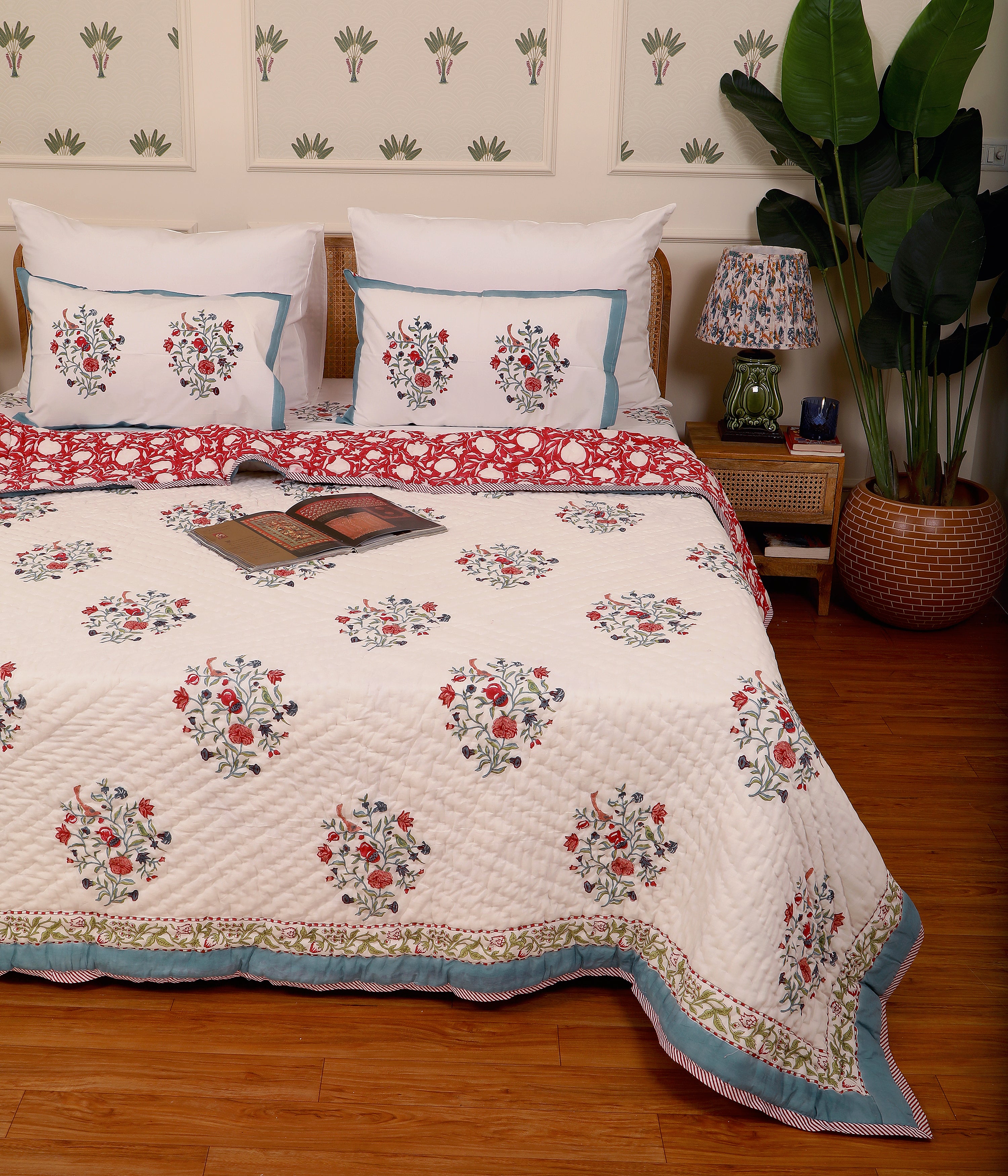Mughal Songbird Handblock King Size Quilt