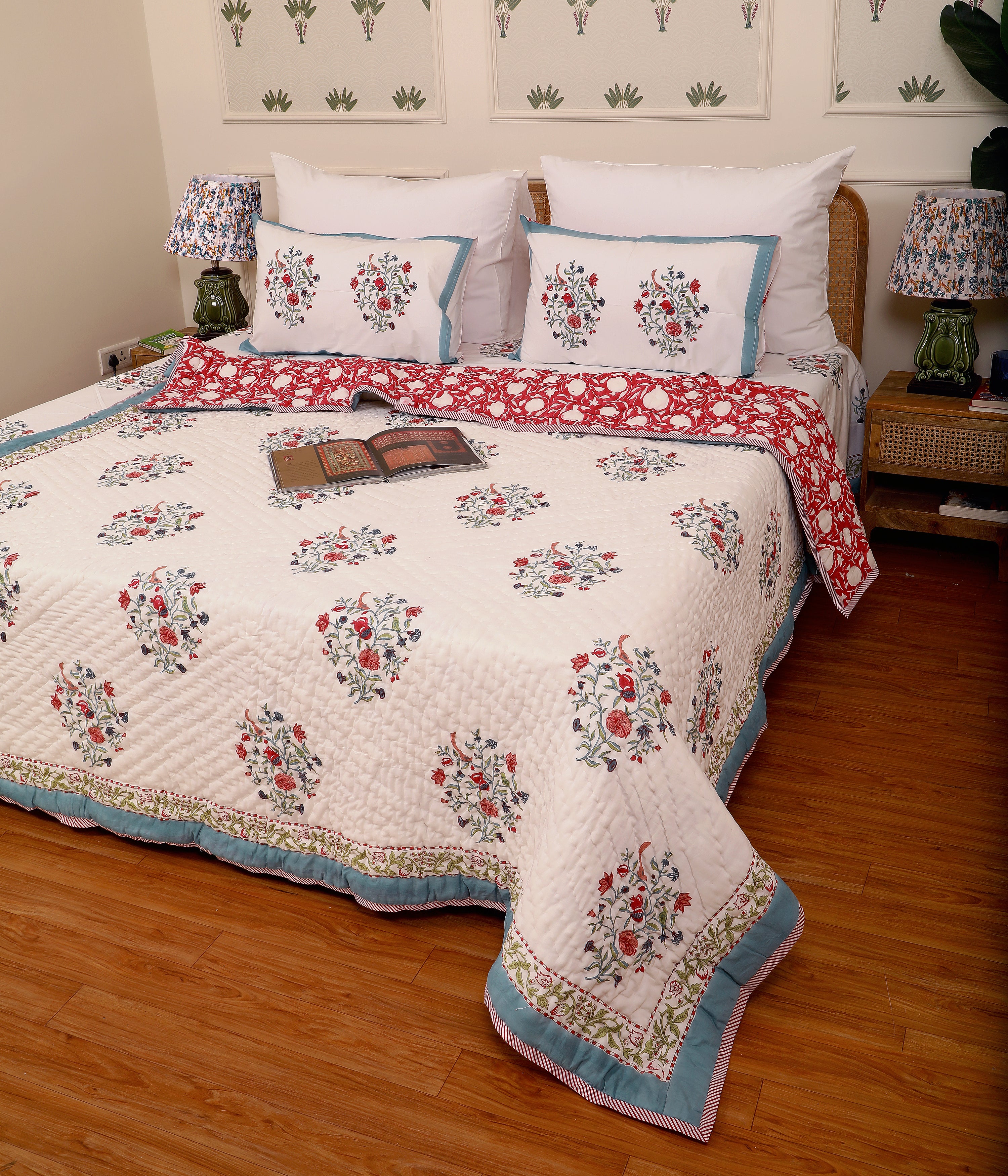 Mughal Songbird Handblock King Size Quilt