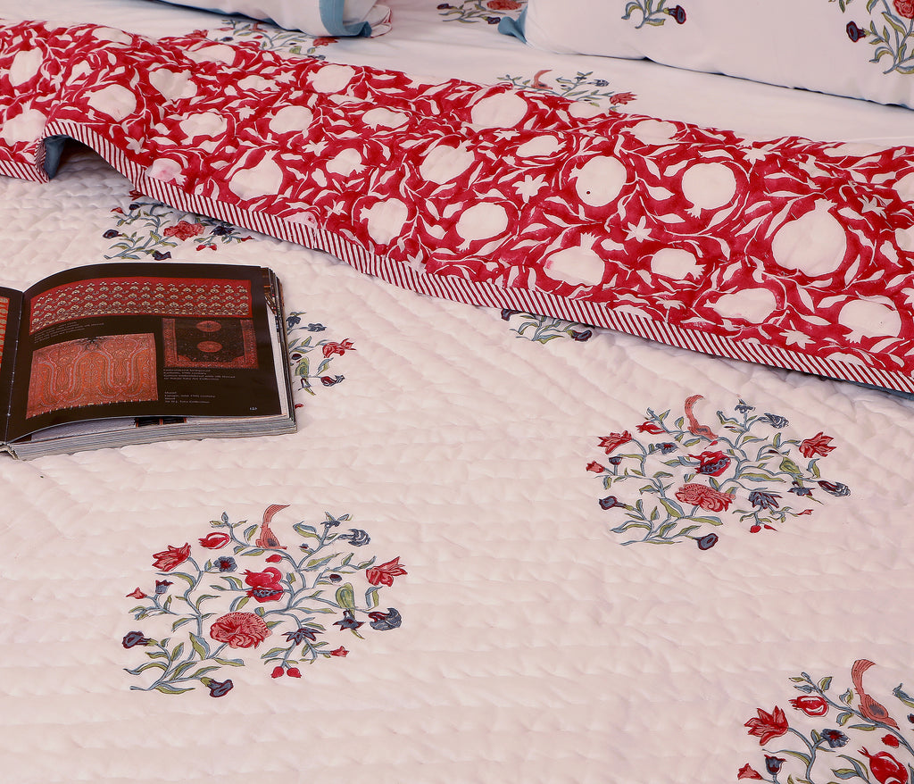 Mughal Songbird Handblock King Size Quilt