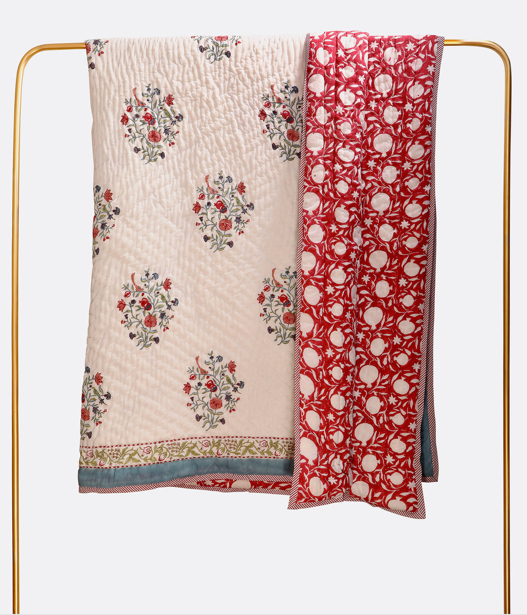 Mughal Songbird Handblock King Size Quilt