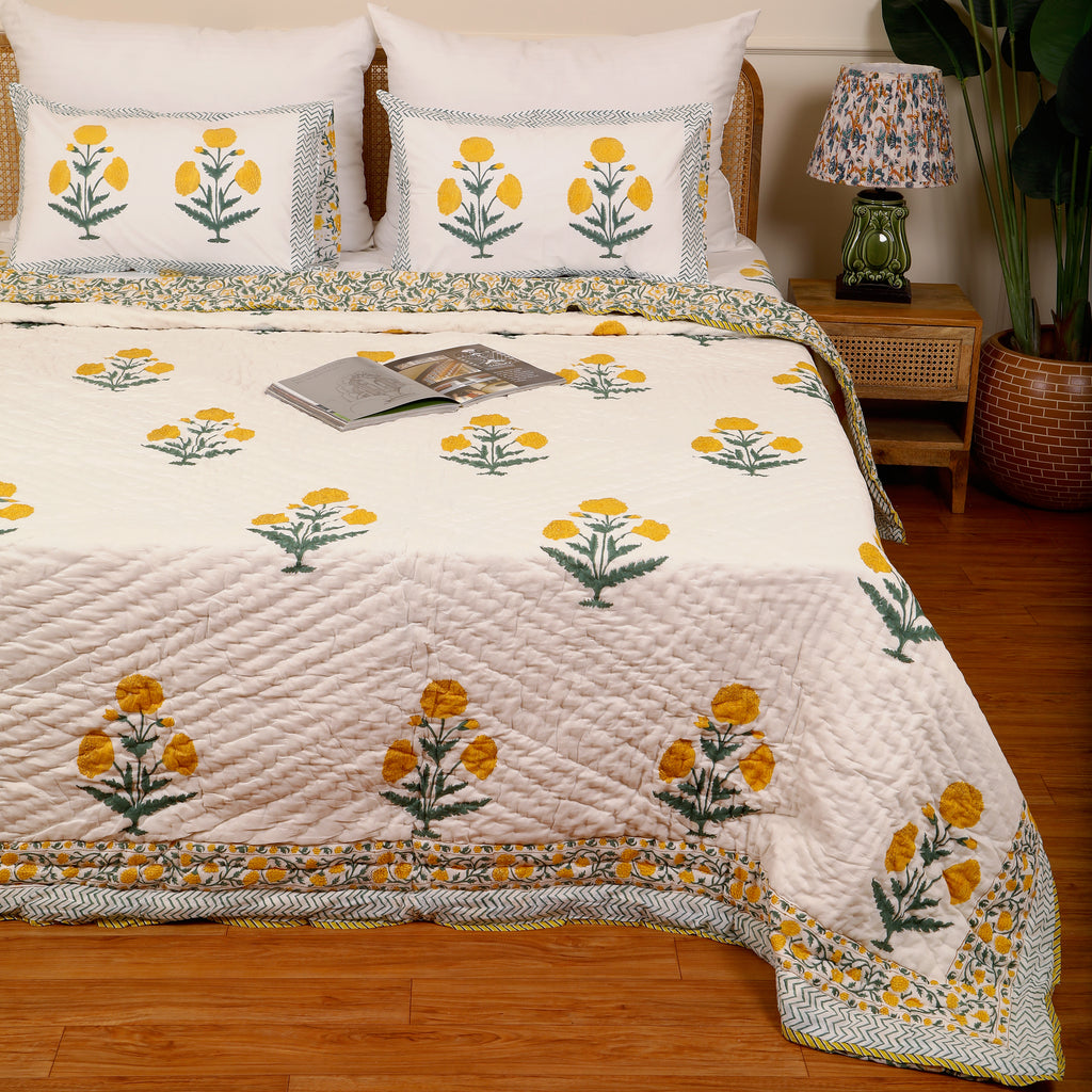 Basanti Phool Handblock King Size Quilt