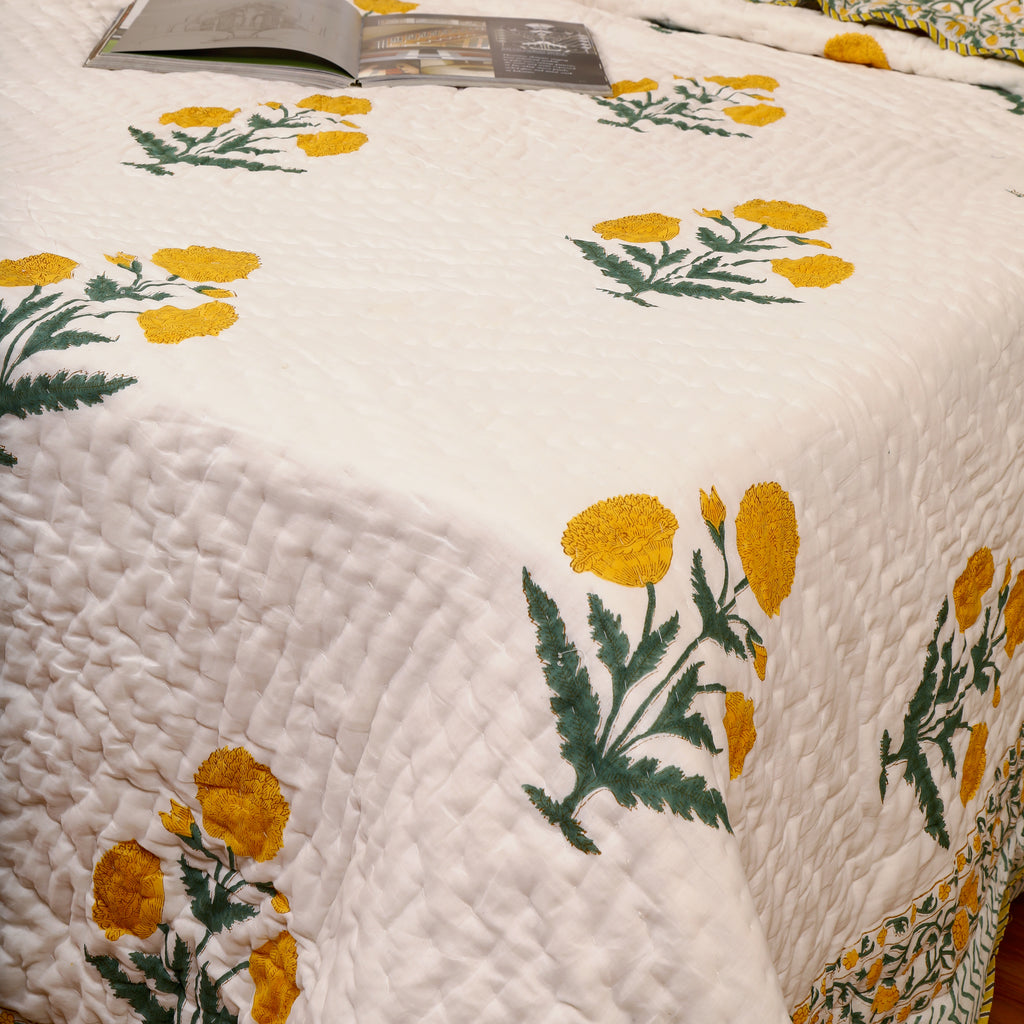 Basanti Phool Handblock King Size Quilt