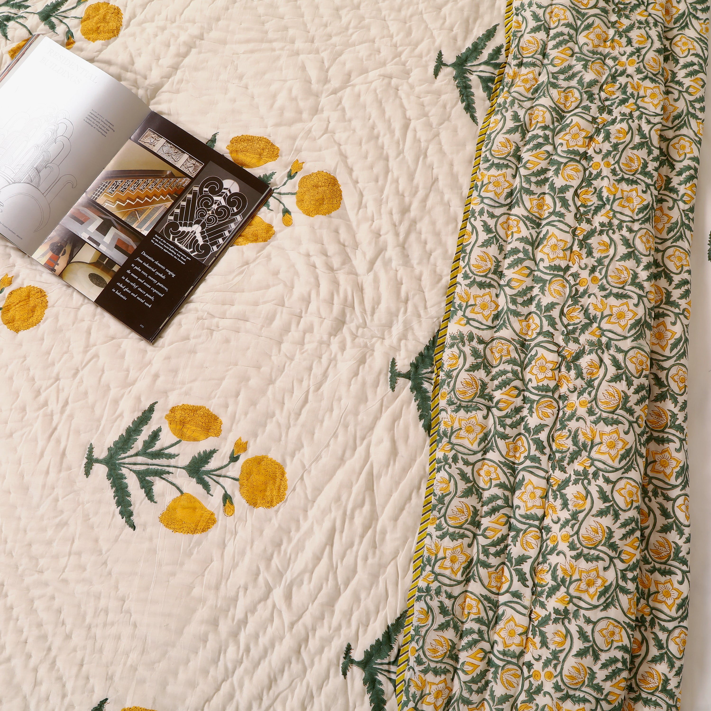 Basanti Phool Handblock King Size Quilt