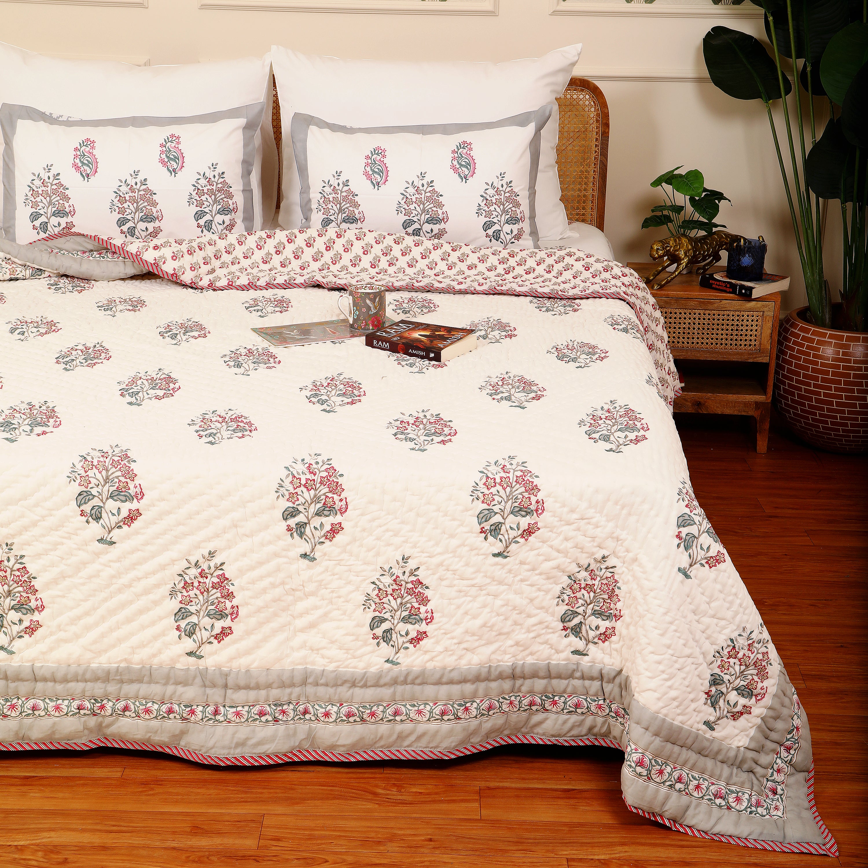 Bebak Grey Handblock King Size Quilt