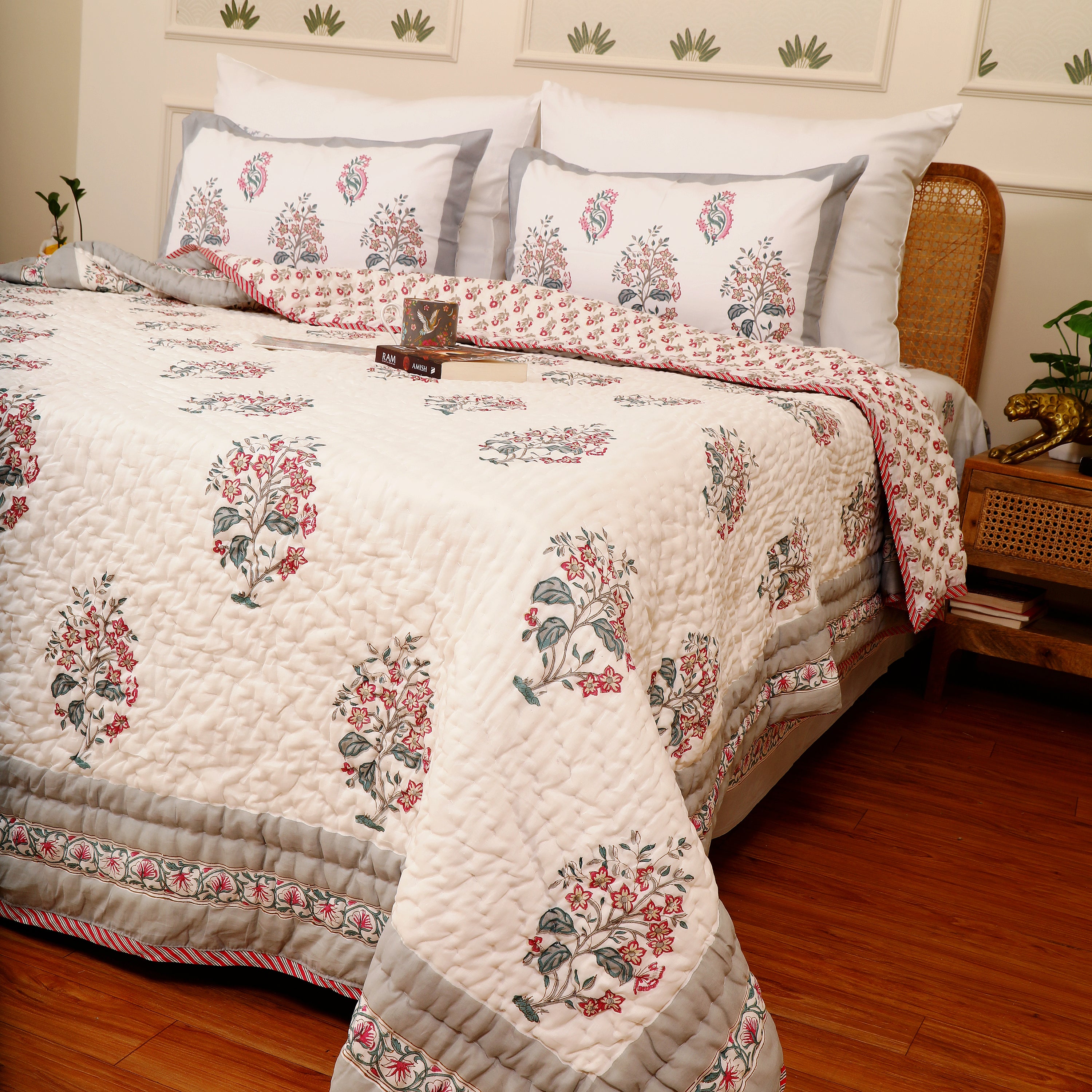 Bebak Grey Handblock King Size Quilt