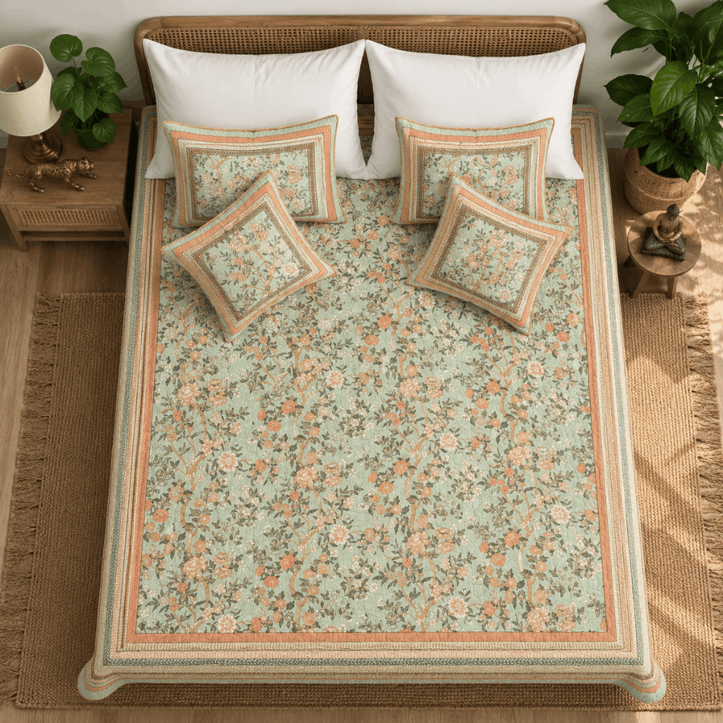 Sage Bloom Quilted Bedcover Set Of 5