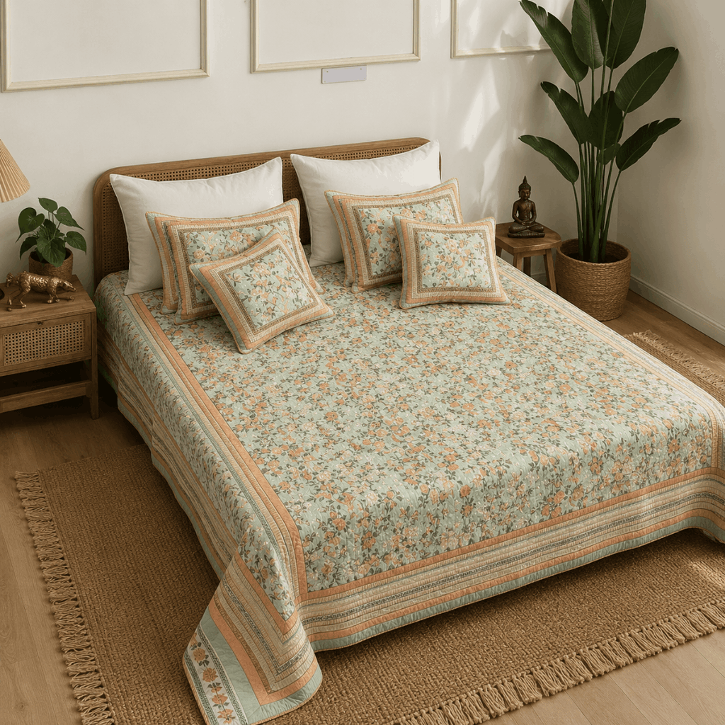 Sage Bloom Quilted Bedcover Set Of 5