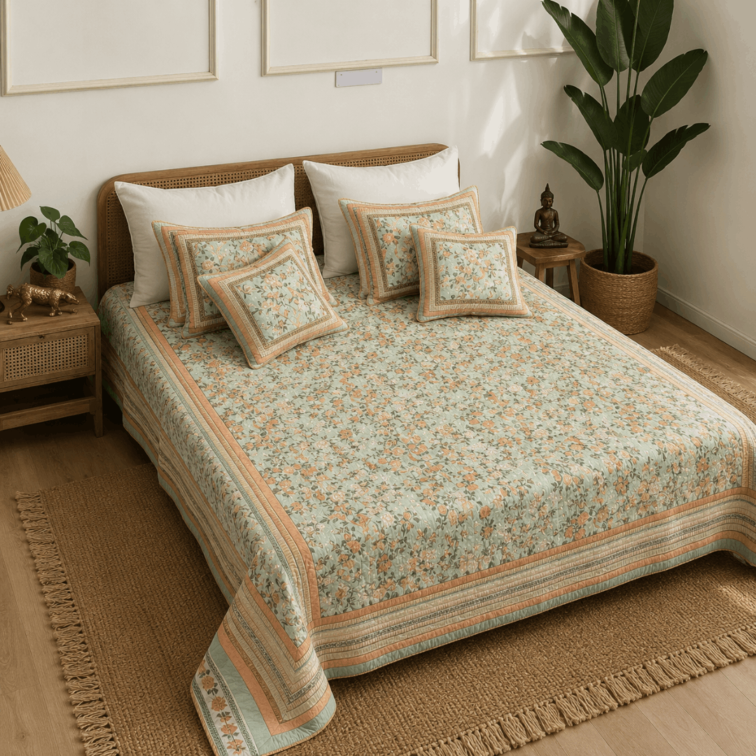 Sage Bloom Quilted Bedcover Set Of 5