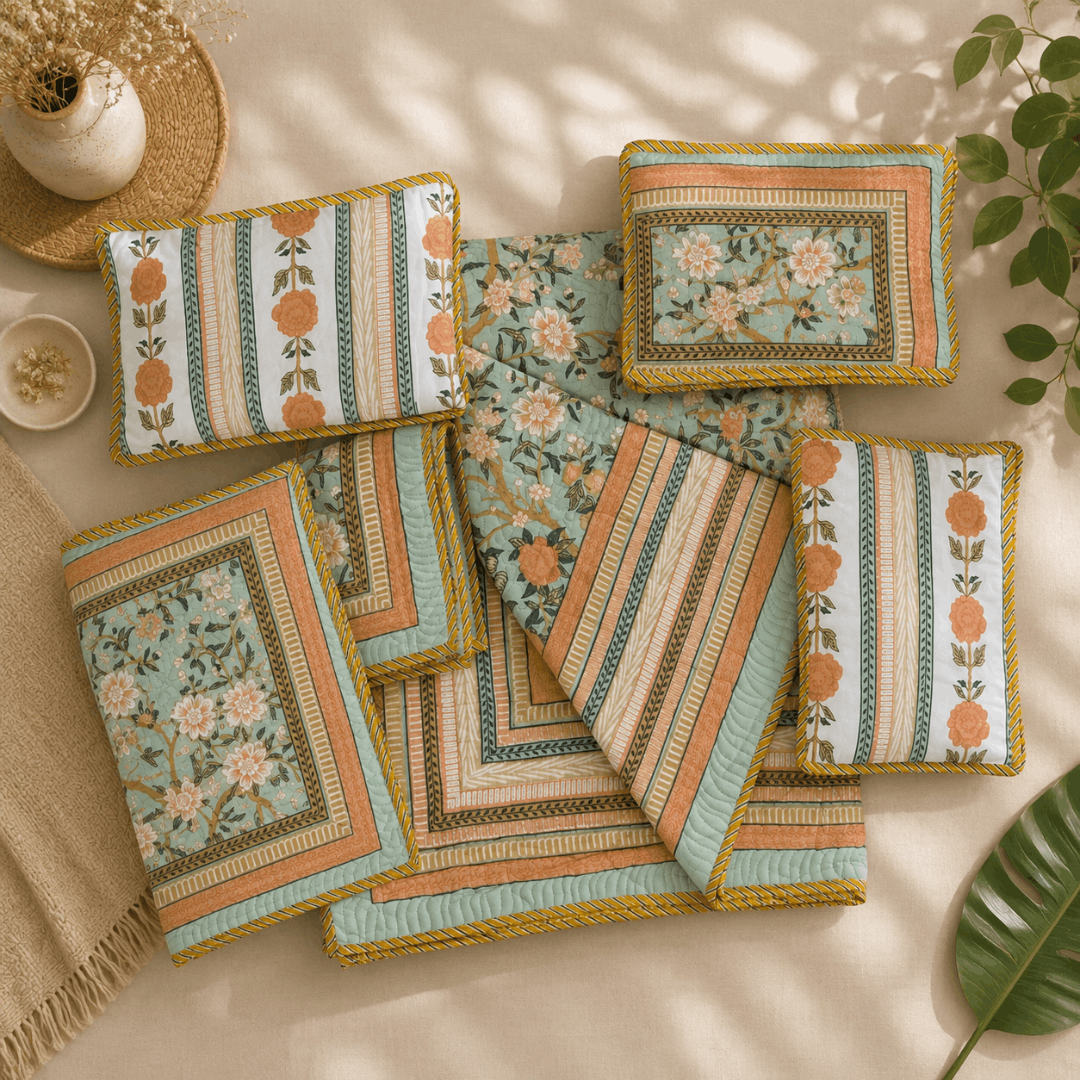 Sage Bloom Quilted Bedcover Set Of 5