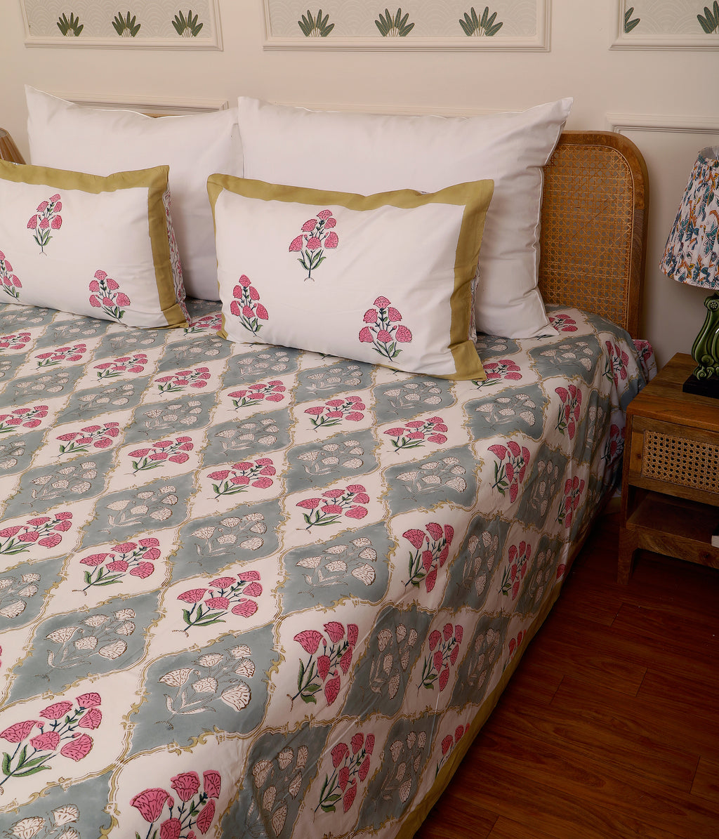 Grey Gold Bloom king size Bedsheet with 2 pillow cover