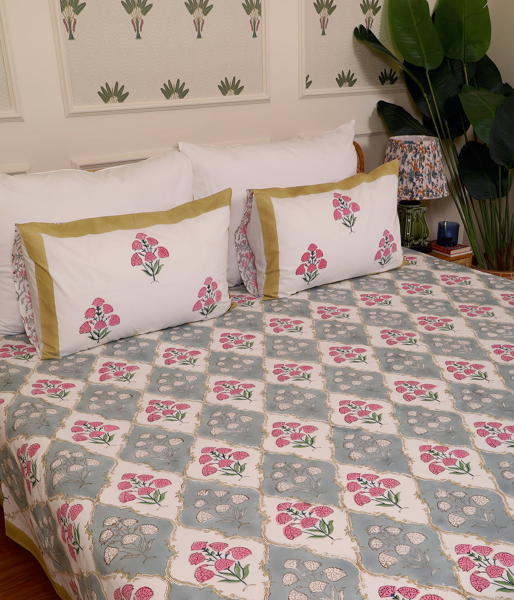 Grey Gold Bloom king size Bedsheet with 2 pillow cover
