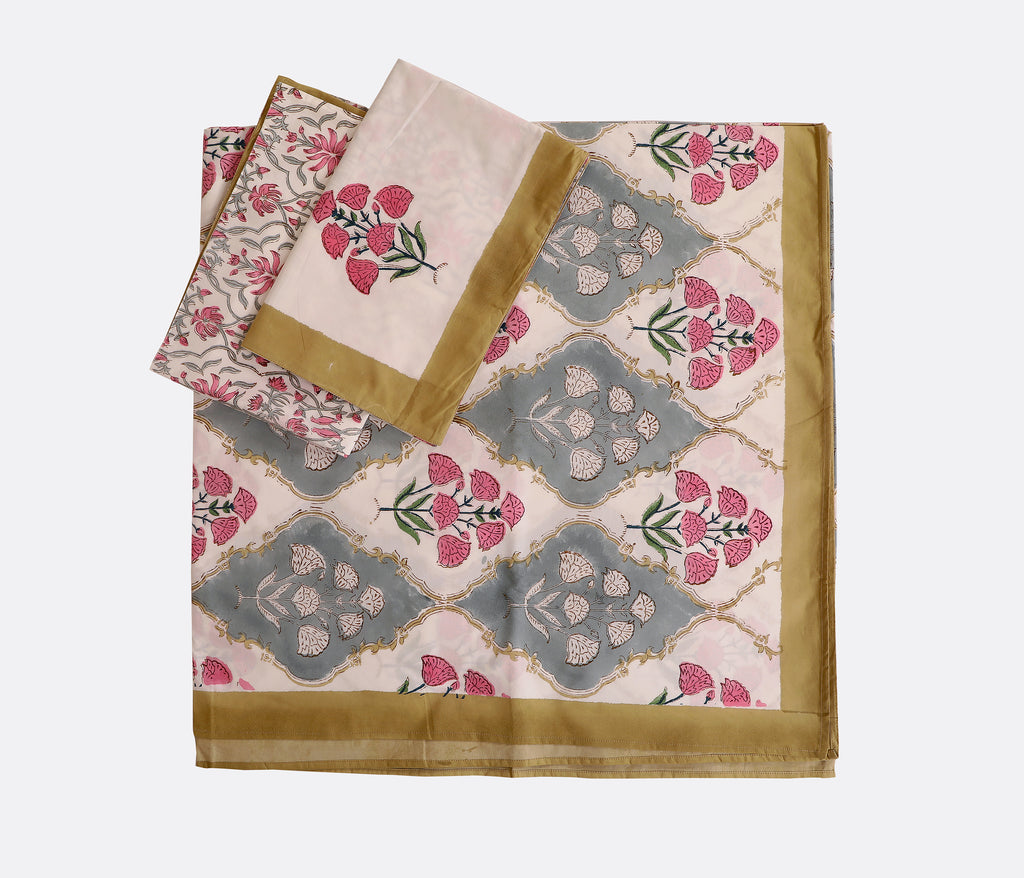 Grey Gold Bloom king size Bedsheet with 2 pillow cover