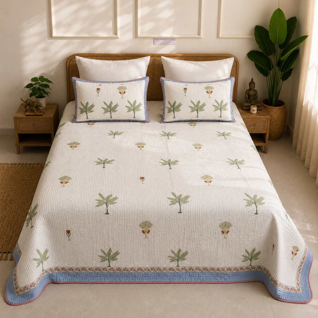 Azure Palm Quilted Bedcover King