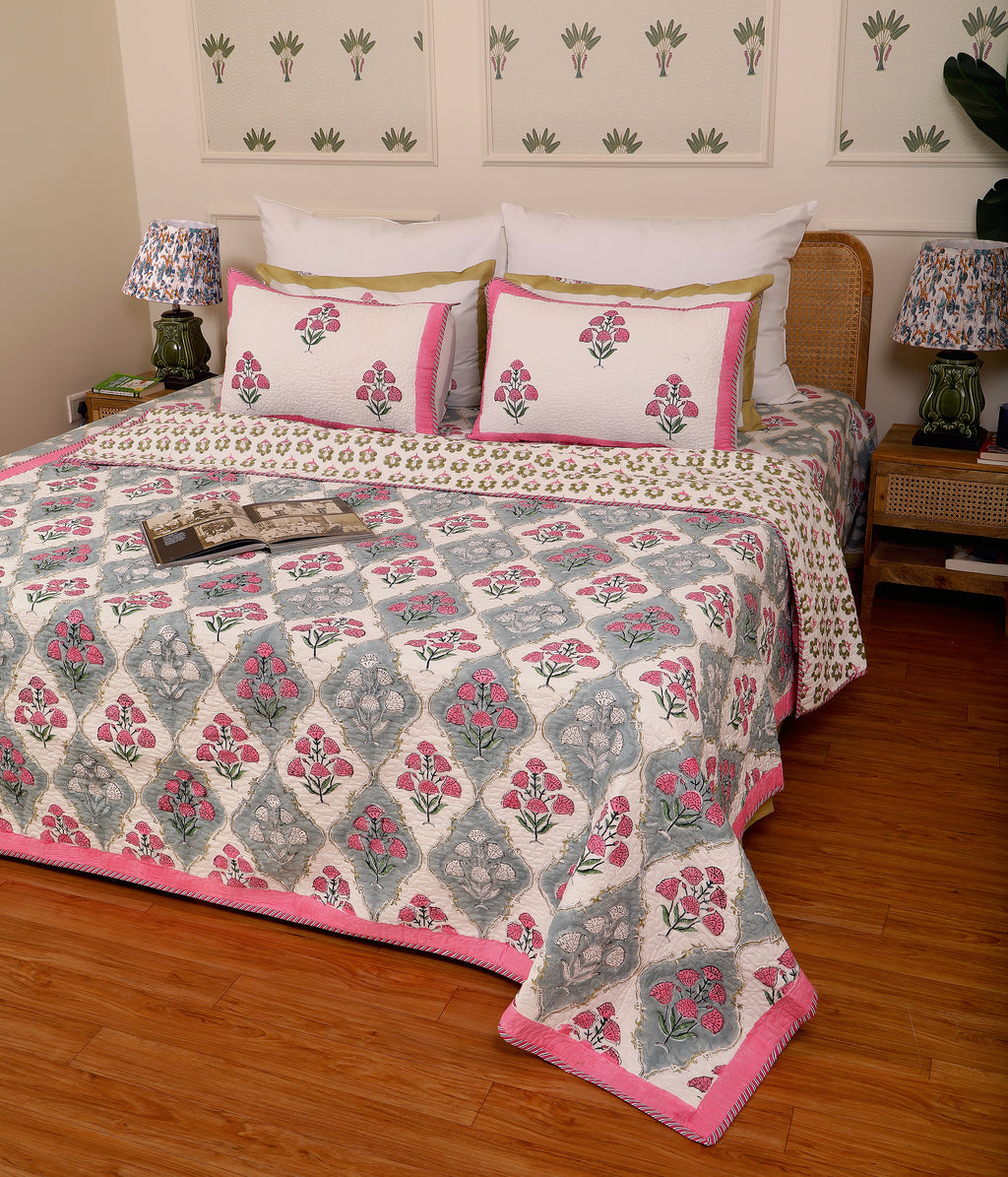 Grey Gold bloom Quilted bedcover king