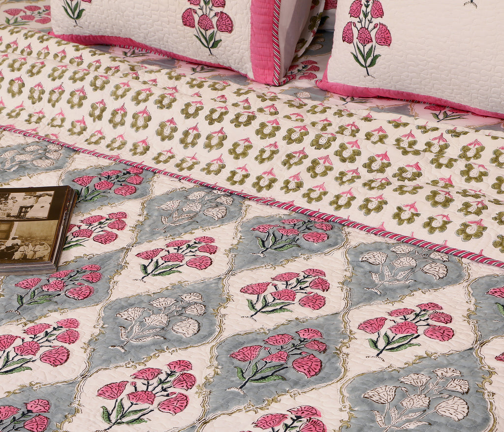 Grey Gold bloom Quilted bedcover king