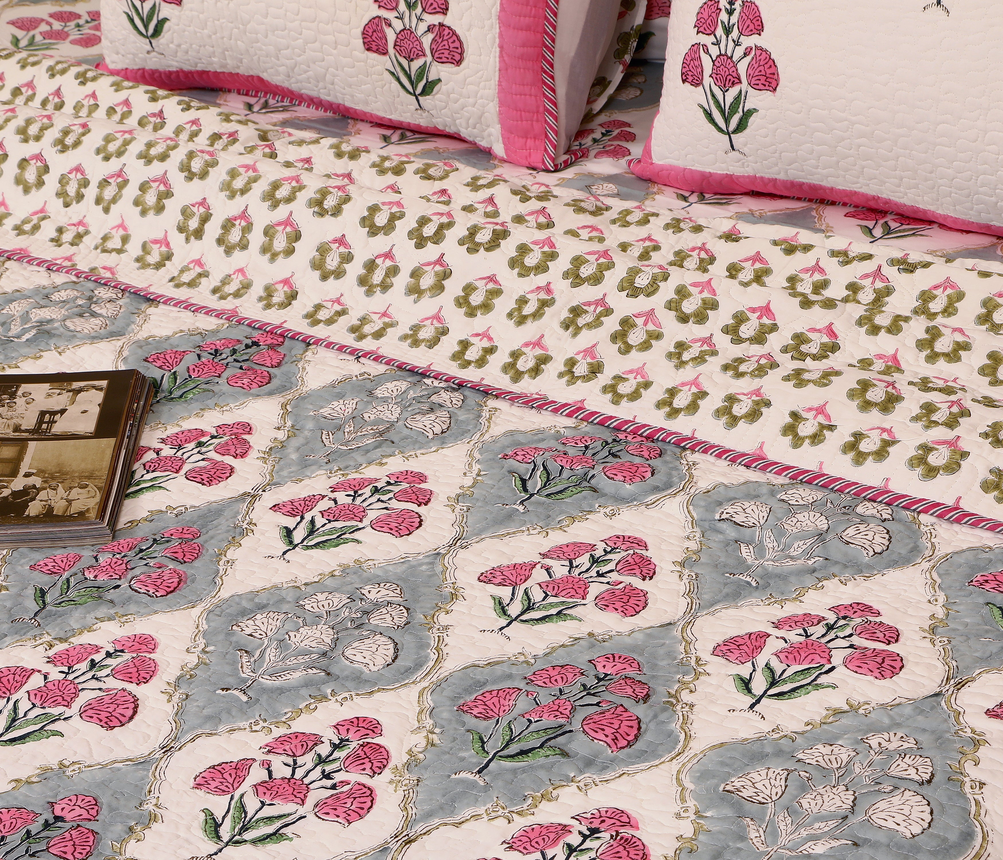 Grey Gold bloom Quilted bedcover king