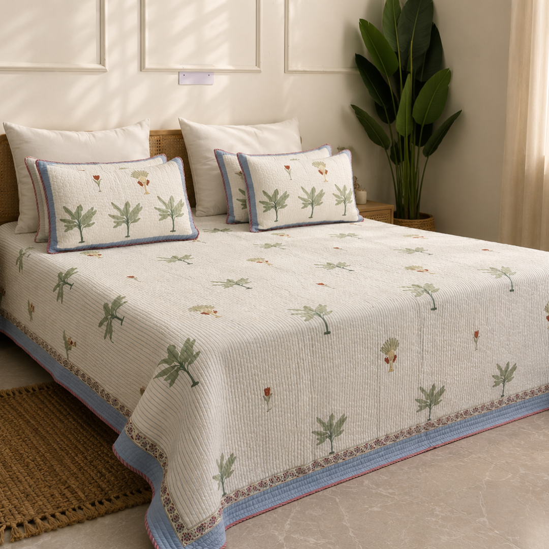Azure Palm Quilted Bedcover King