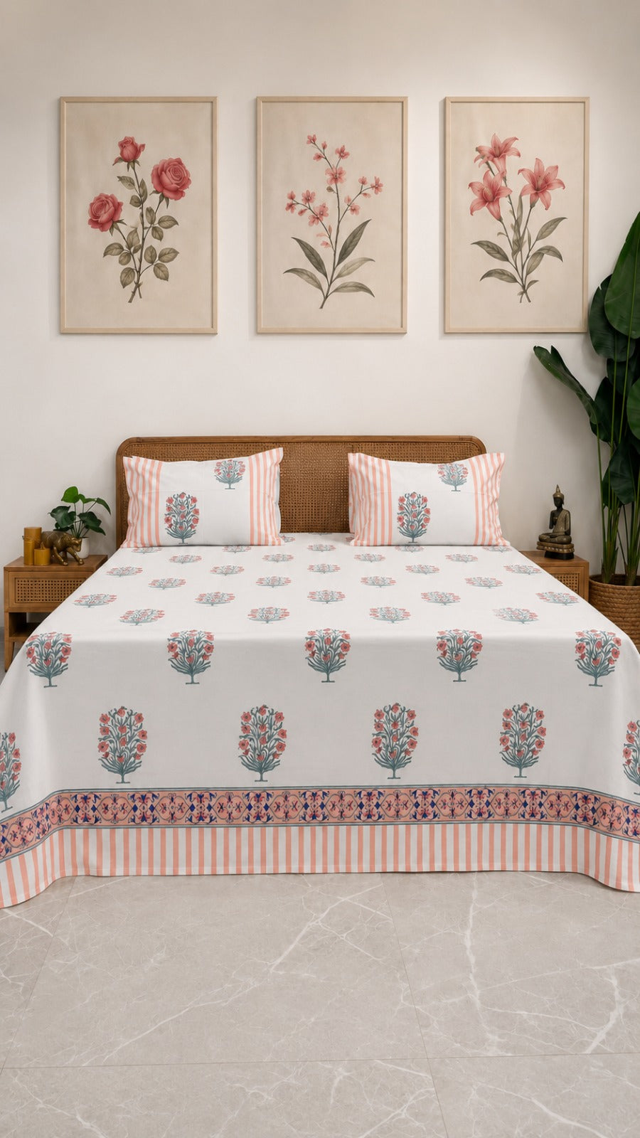 Teal blossom Bedsheet With 2 Pillow Cover