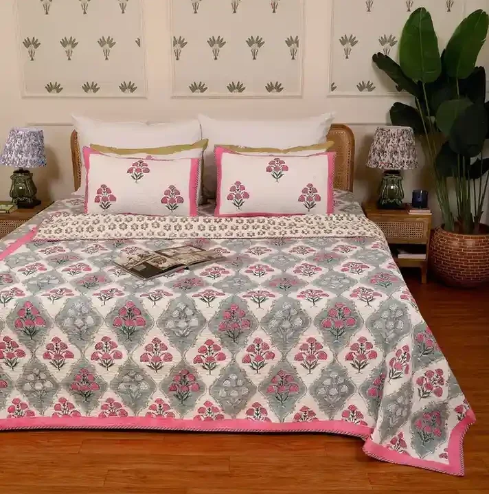 Grey Gold Bloom Quilted Bedcover King