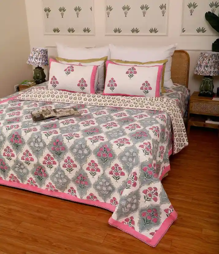 Grey Gold Bloom Quilted Bedcover King - Image 3